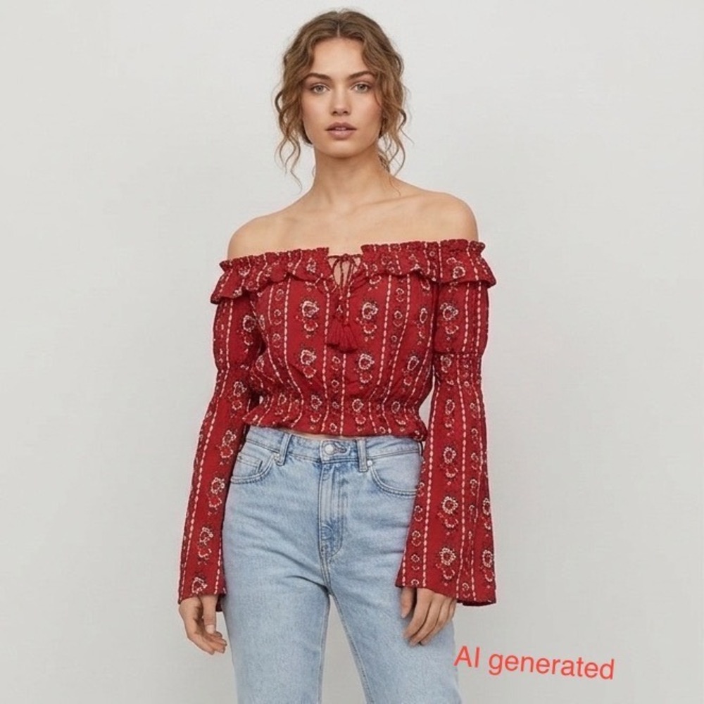 H&M Divided Crop Top Sz 4 Red Floral Off Shoulder Bell Sleeve Boho Tassel Hippie